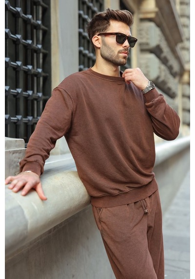 Madmext Kahverengi Yıkamalı Bisiklet Yaka Regular Fit Erkek Sweat Eşofman Takım E7369