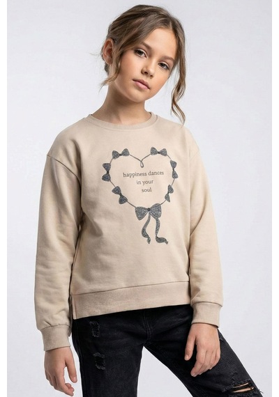 Breeze Kız Çocuk Sweatshirt Simli Kurdeleli Kalp Baskılı 9-14 Yaş, Bej Bej