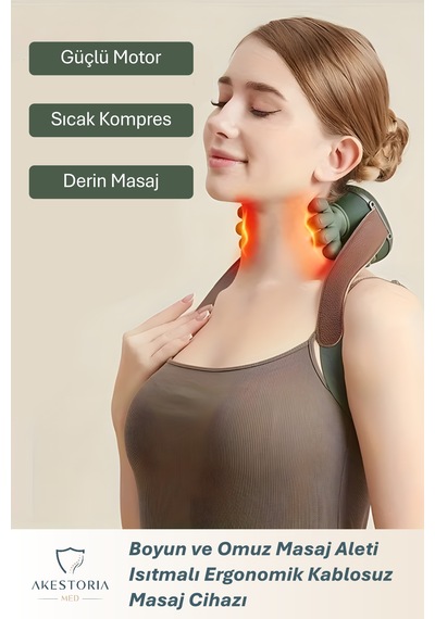 Boyun Ve Omuz Masaj Aleti Isıtmalı Ergonomik Kablosuz Masaj Cihazı Koyu Yeşil