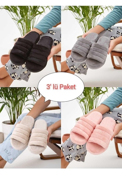 3'lü Paket Önü Açık Terlik Ev Terliği Çeyiz Bohça Seti Çok Renkli