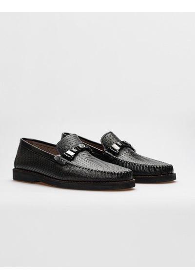 Cabani Hakiki Deri Siyah Lazer Detaylı Erkek Loafer-siyah Siyah