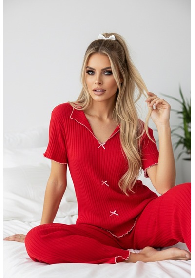 Siyah İnci Mevsimlik İnce Fiyonklu Pijama Takım7879 Kırmızı