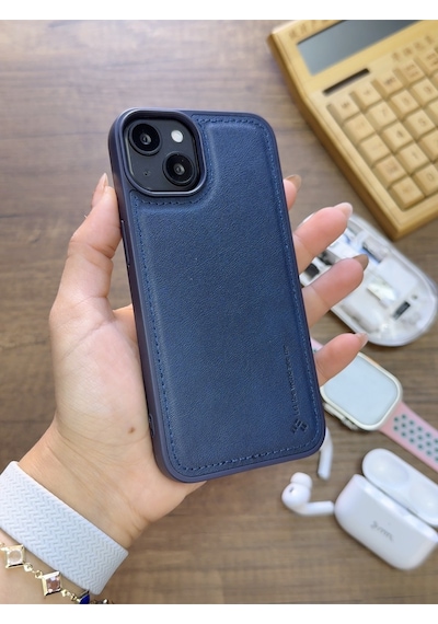 Apple iPhone 14 Uyumlu Premium Deri Dokulu Darbelere Karşı Dayanıklı Nazal Silikon Kılıf Lacivert
