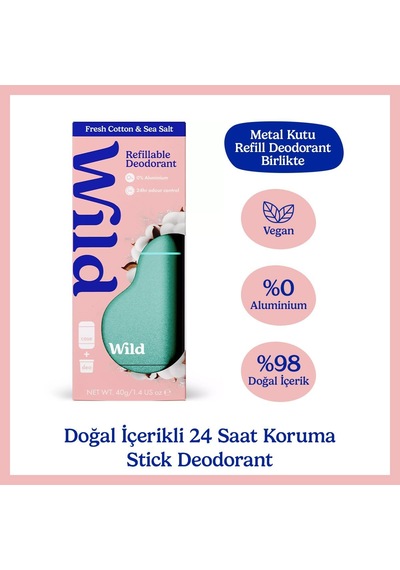 %98 Natural Stick Deodorant Kutu Ve Refill Fresh Aqua Case Ve Fresh Cotton & Sea Salt 40 G.