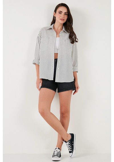 Lela Regular Fit Uzun Kollu Çizgili Bayan Gömlek 6772875 Siyah