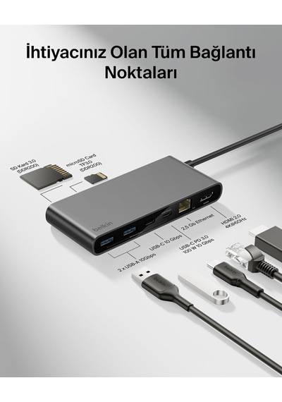 Lexroo Connect 8 Portlu Usb-c Hub, 4k 60hz E Kadar Çözünürlükleri Destekleyen Ekran Uyumu, Mac - Gri
