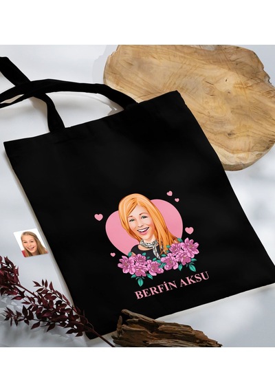 Bk Gift Kişiye Özel Anneler Günü Karikatürlü Siyah Kumaş Bez Çanta, Baskılı Omuz Çantası, Alışveriş Çantası, Anneye Hediye-2