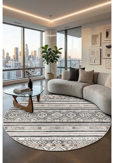 Etnik Kilim Desenli Pamuk Taban Yıkanabilir Baskılı Dekoratif Yuvarlak Halı Gri