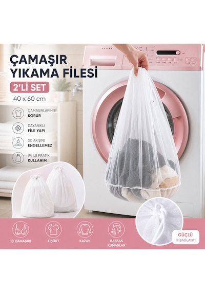 2'li Çamaşır Yıkama Filesi 40x60 Cm İpli Beyaz