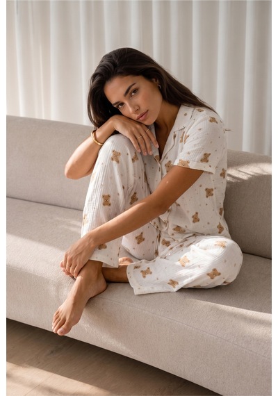Kadın Loose Uzun Paça Pamuk Kırık Beyaz Pijama Takımı