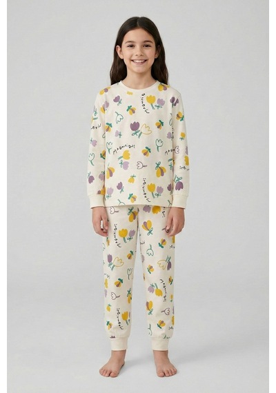 Magnifi Ove Yazılı Lale Baskılı Kız Çocuk Pijama Takımı Ekru