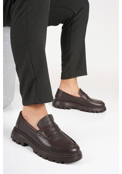 Fame Step Hakiki Deri Erkek Casual Ayakkabı +4.5 Cm Boy Uzatan Kalın Taban Günlük Bağcıksız Comfort Kahverengi Loafer Venedik