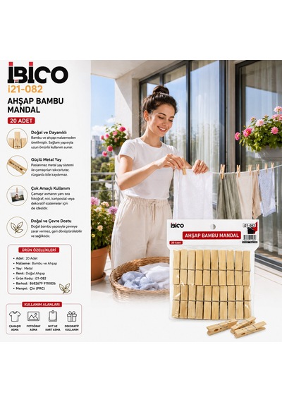20pcs Ahşap Bambu Mandal 5691 Açık Bej
