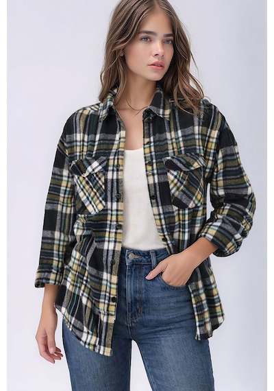 Mamayaga Kadın Desen Bloklu Oduncu Oversize Bol Ve Geniş Kalıp Casual Cepli Yakalı Ceket Gömlek Antrasit