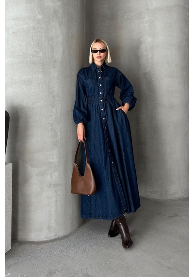 Olcay Beli Büzgülü Çıt Çıt Kapamalı Denim Elbise Koyu Mavi 9249-e