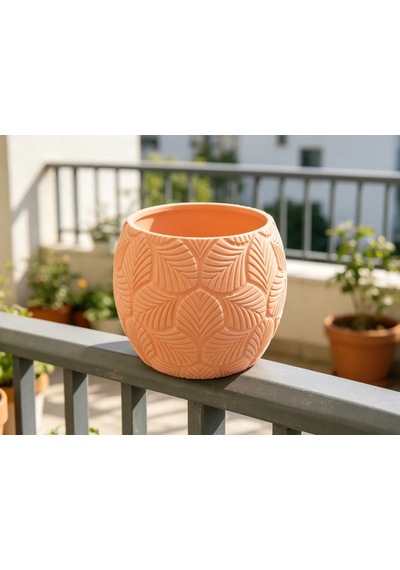 3d Baskı Yapraklı Desenli Yuvarlak Saksı Tepsili Süzdürmeli Bitki Saksısı 15 Cm Dekoratif Çiçek - Turuncu