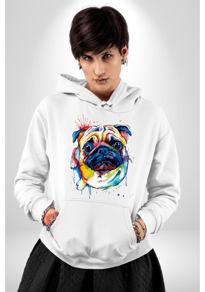 Sulu Boya Pug Köpek Kadın Erkek Beyaz Kapüşonlu Sweatshirt Hoodie Beyaz