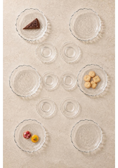 12 Parça Çay Seti Takımı - Pasta Tabağı,çay Tabağı - Sade Modern Kahvaltı Takımı Seti Şeffaf