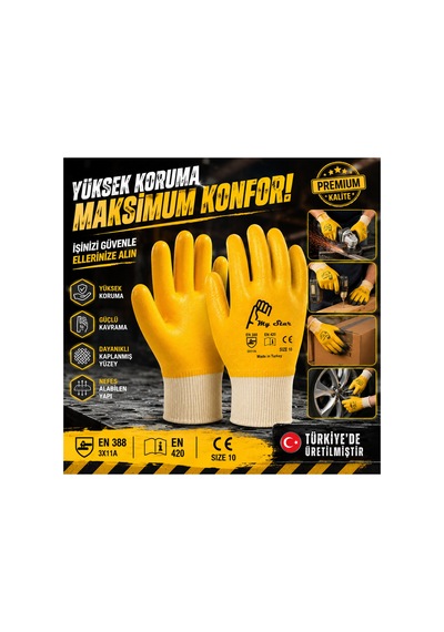 My Star Sarı Nitril Kaplı İş Eldiveni 15g Naylon Örme Beden 10 Kaymaz Dayanıklı Profesyonel