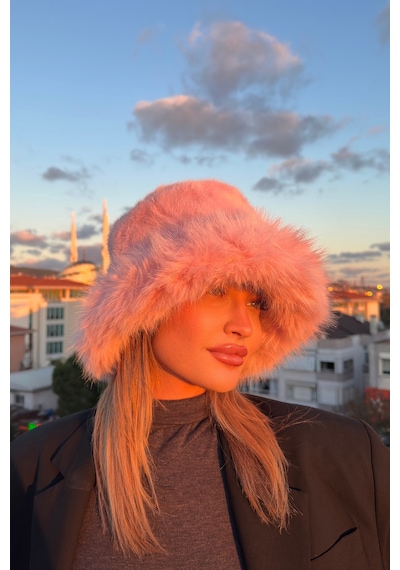 Mollycrush Suni Kürklü Peluş Bucket Kalpak Şapka Luxury Kadın Pembe Rus Slav Tarzı Pembe
