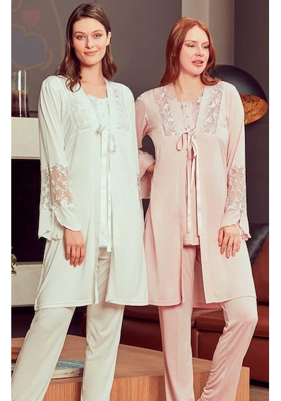 Bone Club 4906 PUDRA Hamile Lohusa 3 Lü Dantel Kollu Pijama Sabahlık