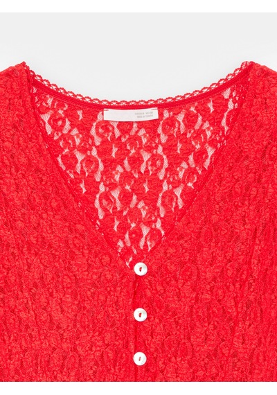 Dilvin 60433 Düğmeli Peplum Dantel Hırka-kırmızı