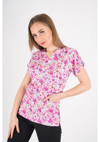 Unisex Pembe Prenses Desenli Likralı Scrubs Hemşire Doktor Hastane Üst Üniforması Pembe