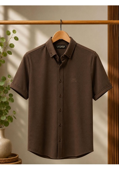 Classics Men Cafes Likralı Kısa Kol Slim Fit Erkek Gömlek - 7735 Kahverengi