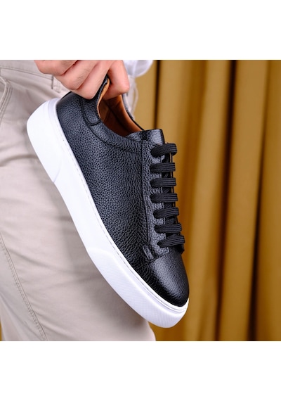 Twingold Kişiselleştirilebilir Kalın Ortopedik Tabanlı %100 Deri Sneaker Spor Ayakkabı - Siyah - Beyaz Siyah