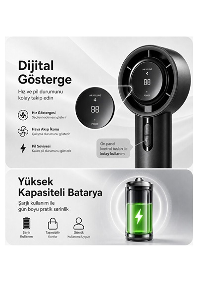 100 Kademeli Dijital Göstergeli Şarjlı El Fanı Taşınabilir Yüksek Hızlı Mini Vantilatör Siyah