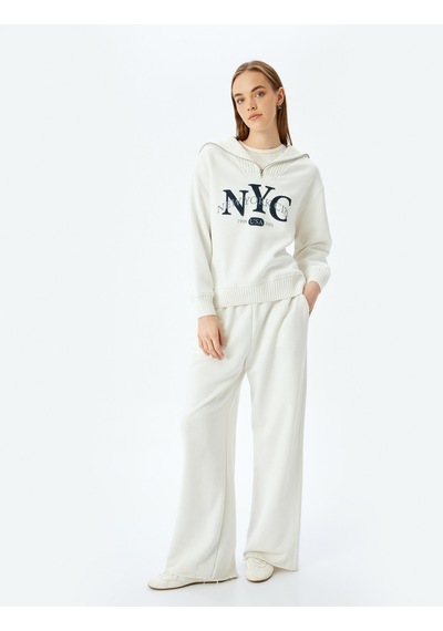 Koton Yarım Fermuarlı Baskılı Oversize Kolej Sweatshirt Ekru 5sal10516ık Ekru