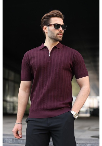 Madmext Bordo Yarım Fermuarlı Polo Yaka Erkek Kazak E7458 Bordo