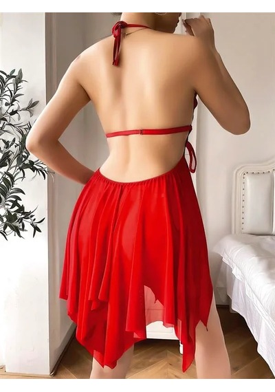 Ang Butik Kadın Kırmızı Kelebek İşlemeli Tül Gecelik