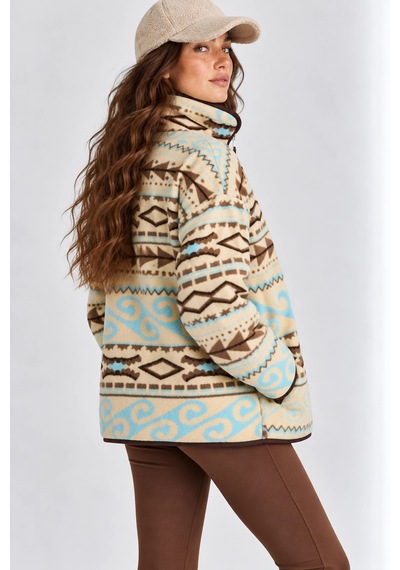 Mevese Desenli Dik Yaka Cepli Biyeli Kadın Polar Sweatshirt - Krem-kahverengi