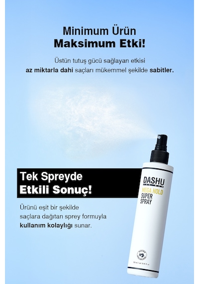Hızlı Kuruyan, Ultra Güçlü Saç Şekillendirici Sprey Dashu For Men Mega Hold Super Spray 250 Ml