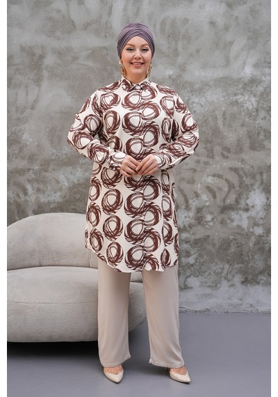 Polologin Butik Daire Desenli Kahverengi Krem Tunik Çok Renkli