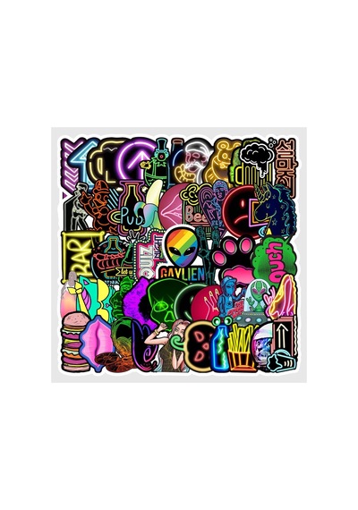 Cajuart 50 Adet Tekrarsız Neon Tarz Pvc Sticker Süs 010