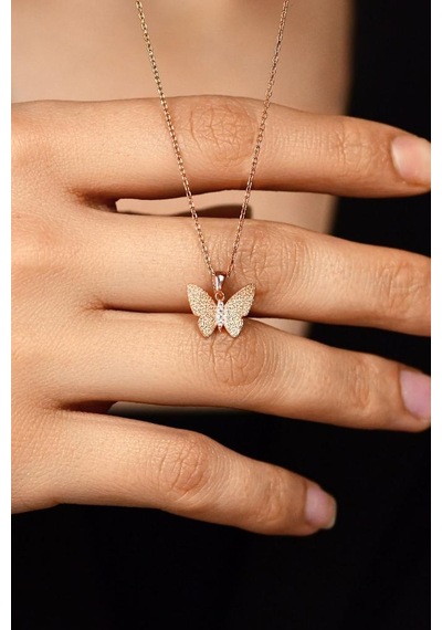 Zirkon Taşlı Rose Kabartmalı Kelebek Gümüş Kolye