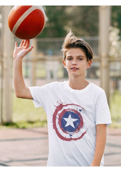 Sevbano Tasarım Kaptan Amerika Baskılı Unisex Avengers Film Çocuk Tişört Beyaz