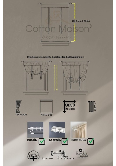 Cotton Maison Country Style Potlu Perde, 220 X 200, 4690, Sarı Çok Renkli