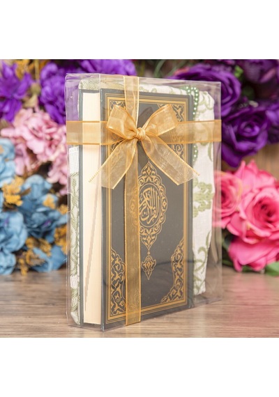 Hediyelik Kuran-ı Kerim, İnci Tesbih, Seccade, Asetat Kutulu 25x18 Cm Mevlid Paketi-yeşil