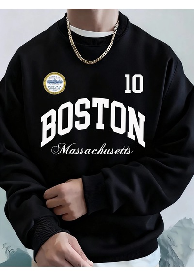 Startmore Tarzsokak Boston Massachusetts Baskılı Erkek Tişörtü Sonbahar Gevşek Kapüşonlu Üst Hip Hop Bisiklet Yak Siyah