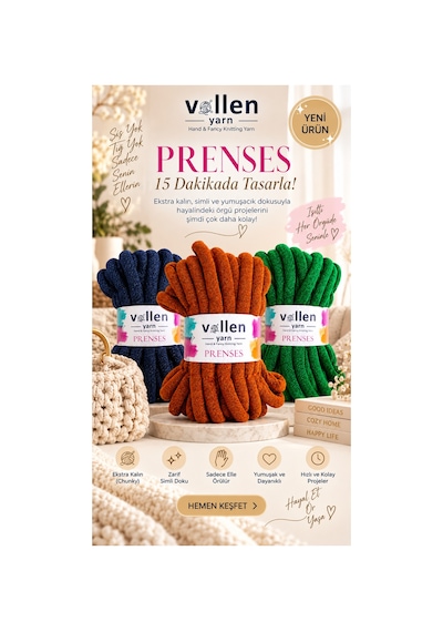 Prenses Chunky Simli Polyester El Örgü İpi 500 Gr 14 M Parmak Örgü Çanta Battaniye İpi