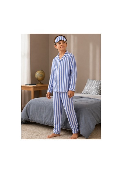 Free Beka Çocuk Önden Düğmeli Pijama Takımı Mavi Çizgili Pijama