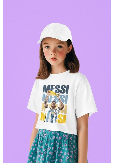 Sevbano Unisex Messi Baskılı Efsane Futbolcu Çocuk Tişört 1-12 Yaş Beyaz
