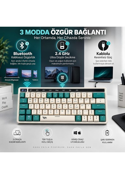 Rgb Kablosuz Oyuncu Klavyesi 64 Tuş Tri-mode Türkçe Q Gaming Kb-01