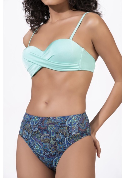 Endeep Kadın Desenli Yüksek Bel Çapraz Detaylı Destekli Bikini Takımı Mavi
