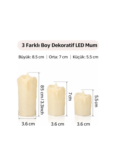 3'lü Pilli Dekoratif Led Mum Işıkları Gerçek Alev Efektli Çok Renkli