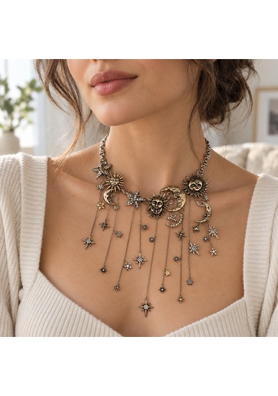 Zra Muadili Vintage Güneş Ay Yıldız Figürlü Sallantılı Statement Kolye Taş Detaylı Göksel Tasarım Renkli Zra Muadili Vintage Güneş Ay Yıldız Figürlü Sallantılı Statement Kolye Taş Detaylı Göksel Tasarım Renkli