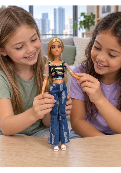 Halley File Kollu Baskılı Bluz Desenli Kot Pantolonlu Moda Bebek Oyuncak - Sarı Saçlı - Eklemli Vücut